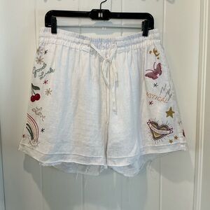 Johnny Was Red and White Cargo Shorts with Bohemian Embroidery